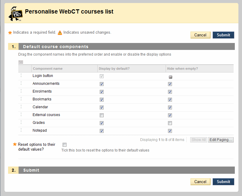 Sample user customisation page