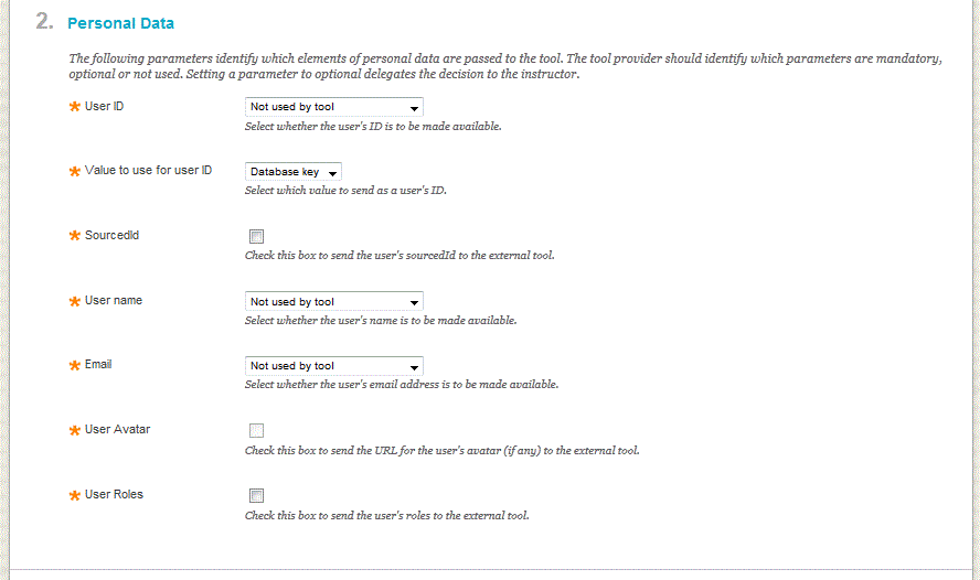 Sample data settings page - personal data section