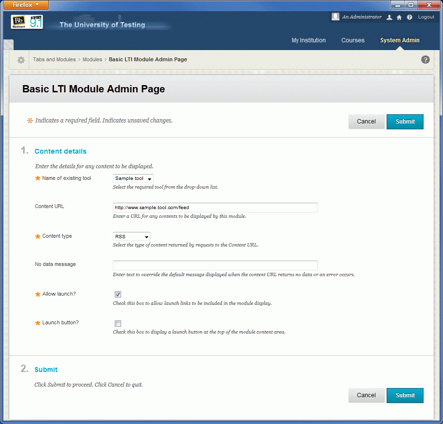 Sample Module Admin page