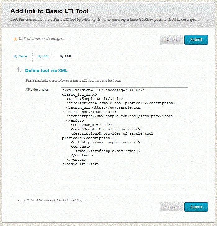 Sample registration by XML settings page