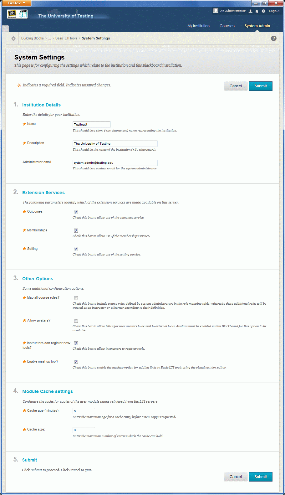 Sample System Settings page