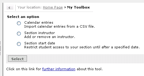 Toolbox option selection page